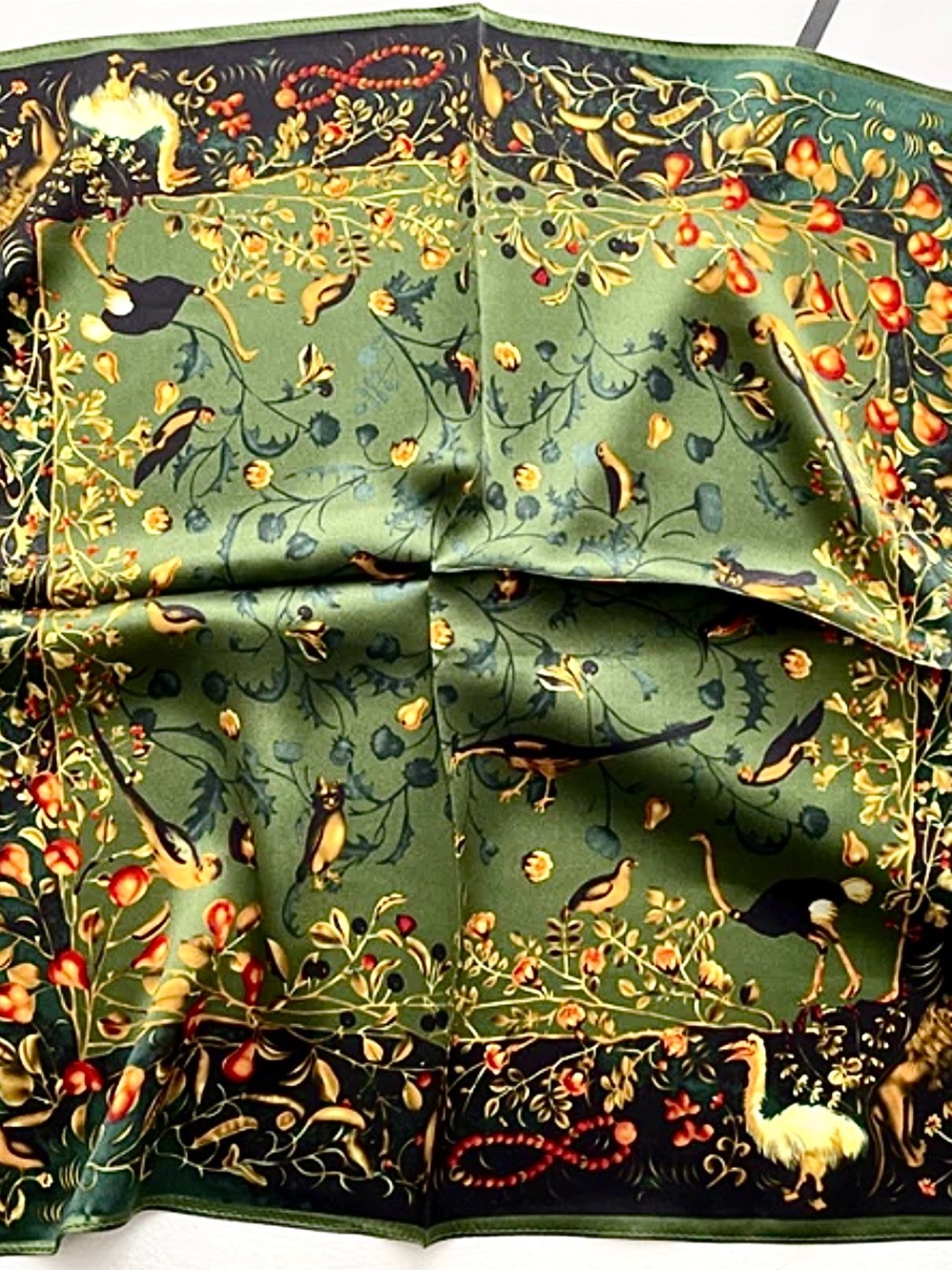 Green Botanical 100% Mulberry Silk Scarf with Bird Motif